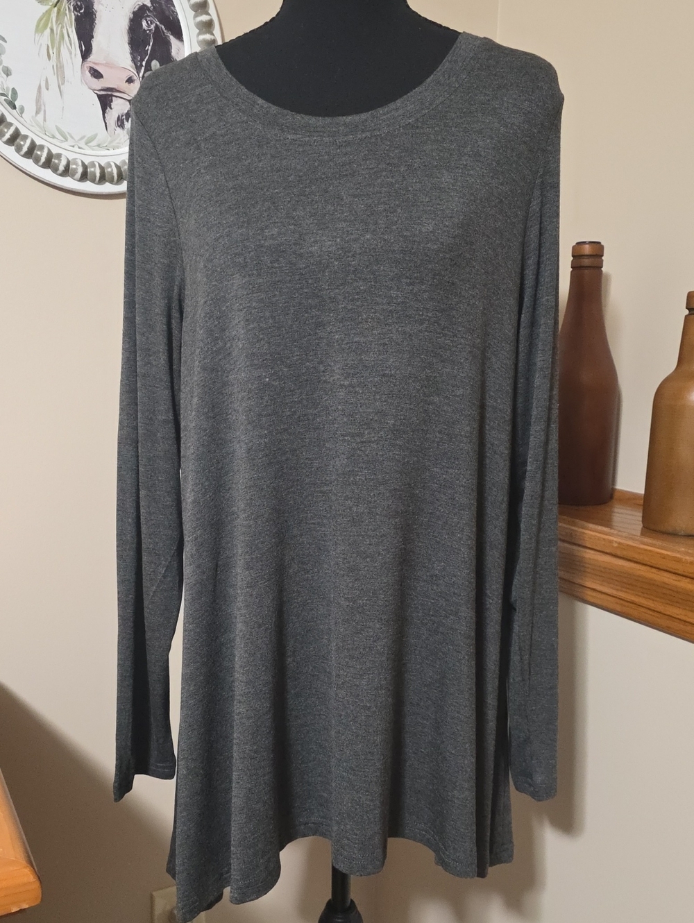 Women's Long Sleeve Scoop Neck Top - Charcoal Gray